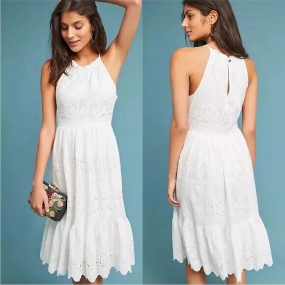 Maeve Tiered Eyelet Midi Dress White Women’s SIZE 4P - Picture 1 of 14